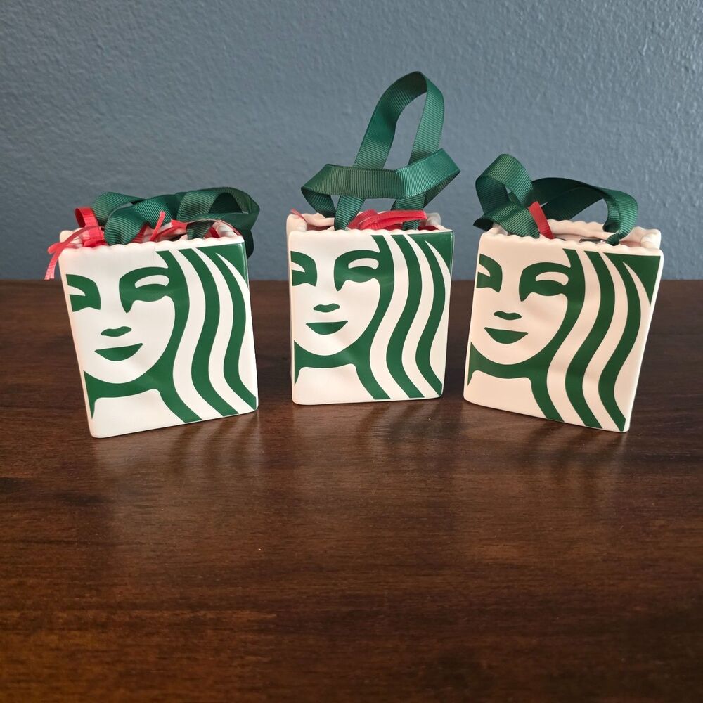 3 STARBUCKS Ceramic Tote Bag Gift Card Holder Christmas Mermaid Ornament 2019